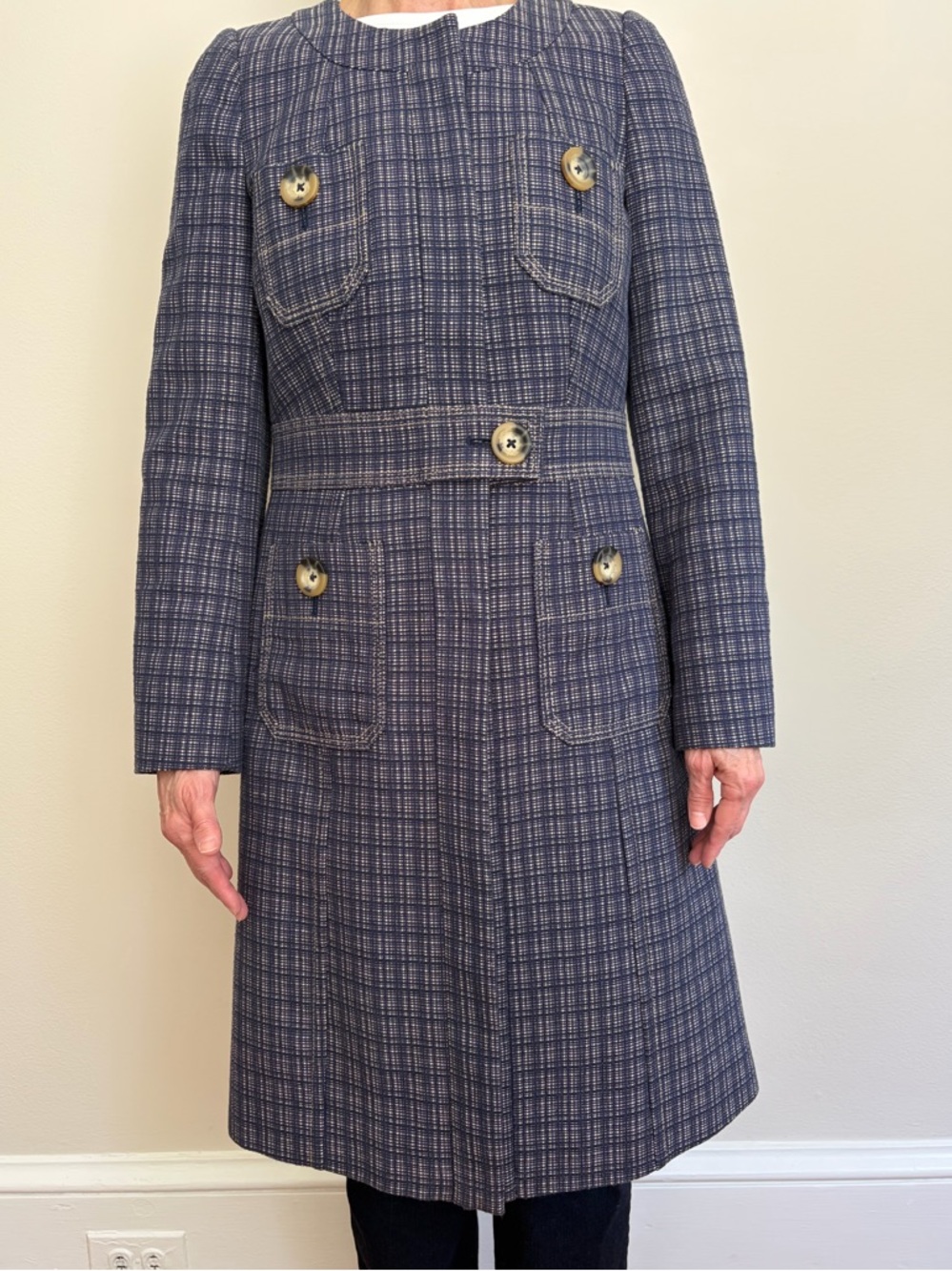 Boden Cotton Spring/Summer Coat--Crosshatch Navy + Ecru 2R